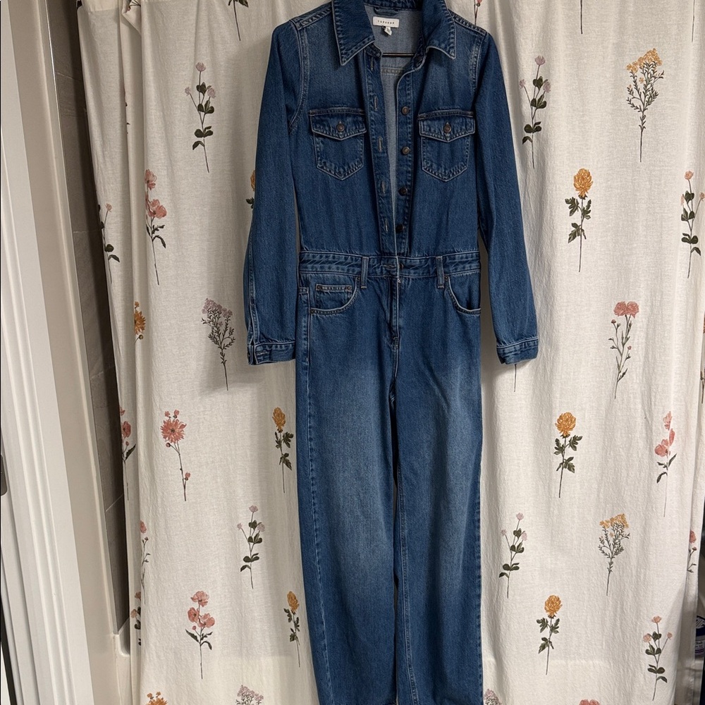 TopShot Denim Jumpsuit Button Up with Long Sleeves (form fitting) can add a belt